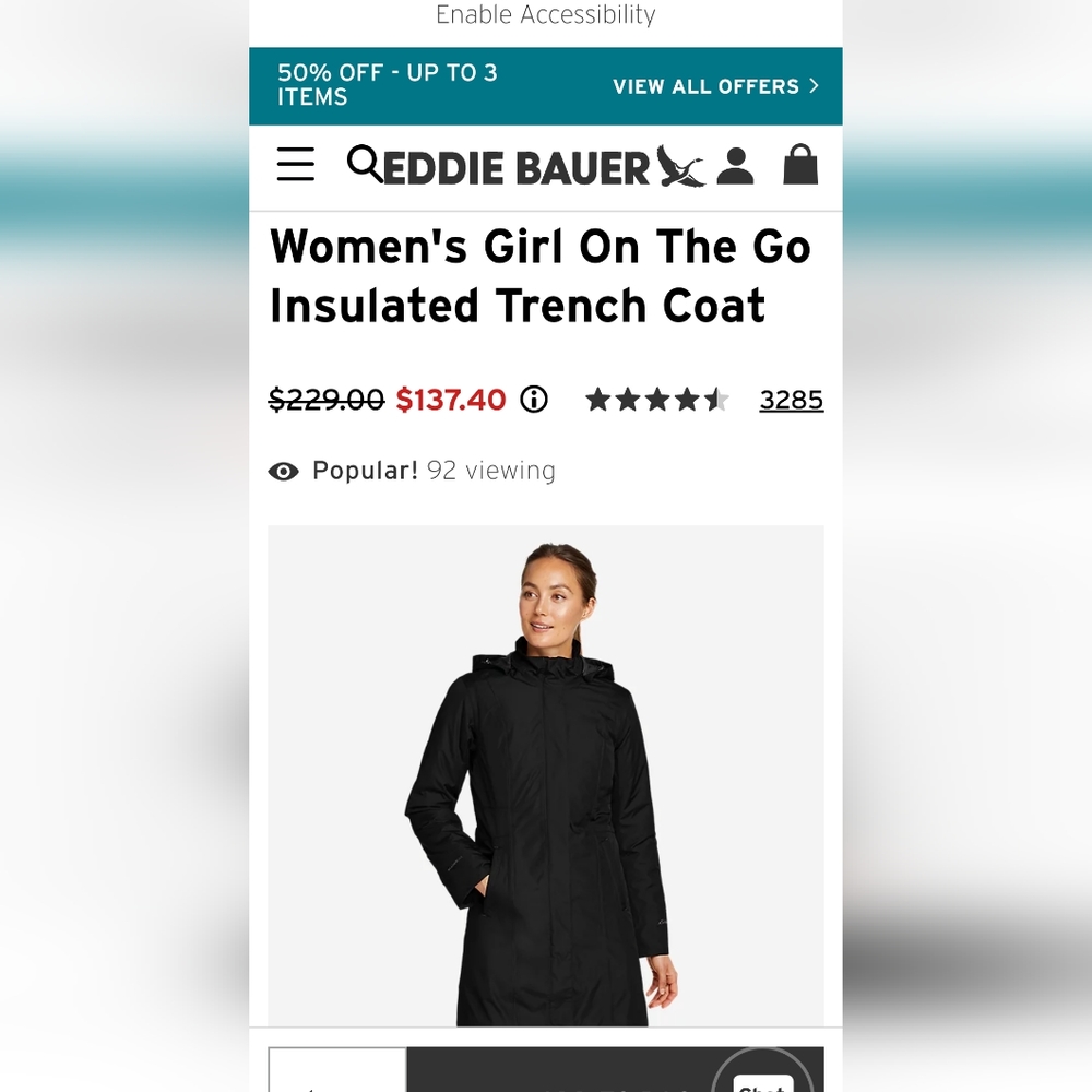 Eddie Bauer Girl on the go insulated trenchcoat